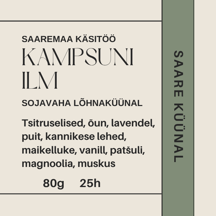 Kampsuni Ilm küünal 80g – Saare Küünla käsitööküünla etikett puidusel taustal, sojavahast lõhnaküünal Saaremaalt