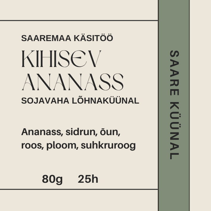 Kihisev Ananass lõhnaküünla sildi lähivaade – 80g sojavahast lõhnaküünal