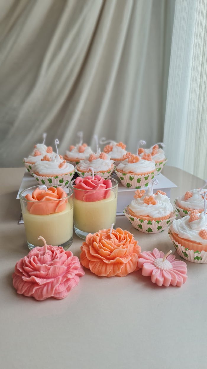 A collection of flower-shaped scented candles and cupcake-inspired decorative candles arranged artistically indoors.
