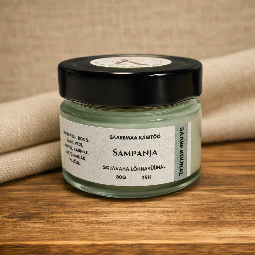 Šampanja 80 g käsitööküünal – luksuslik šampanja‑aroom mandariini, mee ja metsamarjadega, Saaremaa käsitöö.