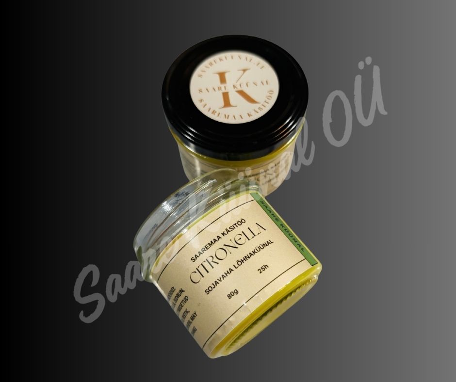Citronella 80g käsitööna valmistatud lõhnaküünal värske sidrunheina ja tsitruselise aroomiga klaasanumas.