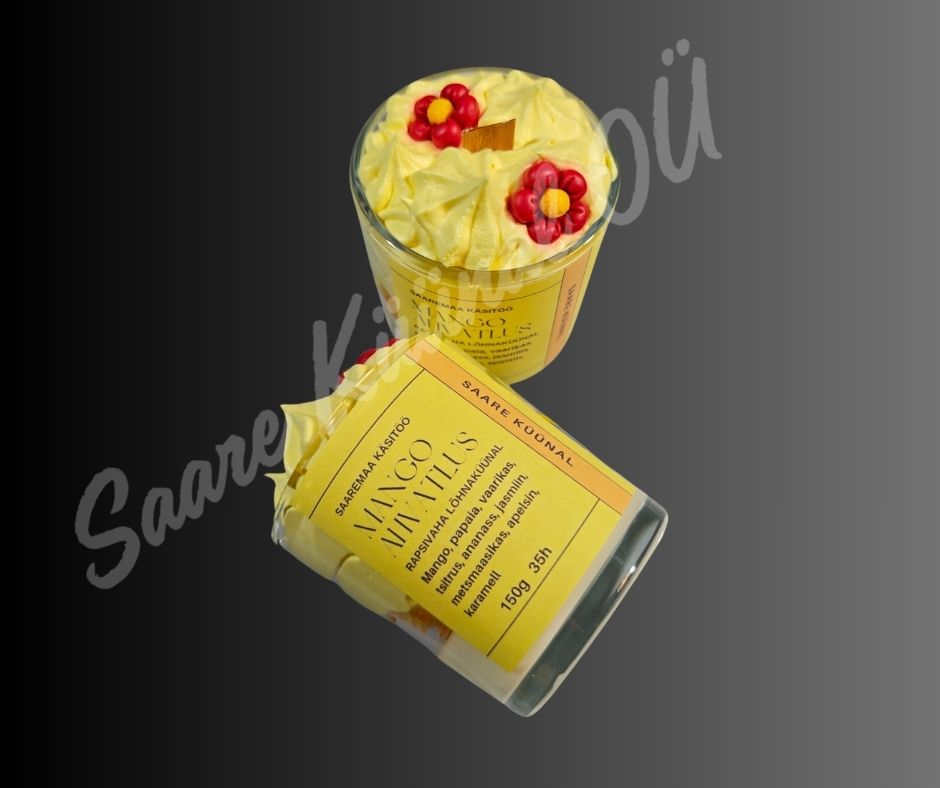 Mango Ahvatlus 150g käsitööna valmistatud vahustatud küünal troopilise mango aroomiga dekoratiivses klaasanumas.