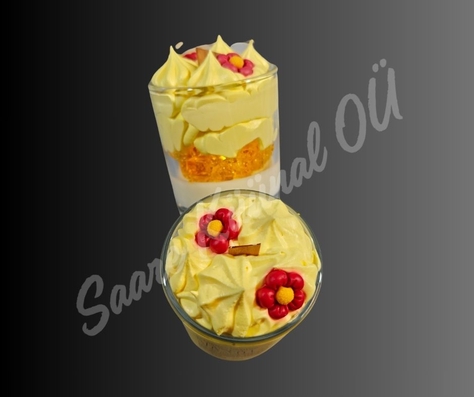 Mango Ahvatlus 150g käsitööna valmistatud vahustatud küünal troopilise mango aroomiga dekoratiivses klaasanumas.
