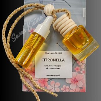 Citronella autolõhnastaja ja täitevedeliku komplekt värske sidrunheina ning tsitruselise aroomiga.