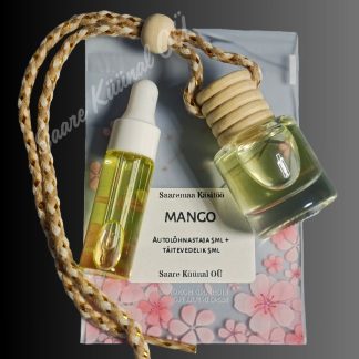 Mango autolõhnastaja ja täitevedeliku komplekt troopilise mango aroomiga autosse.