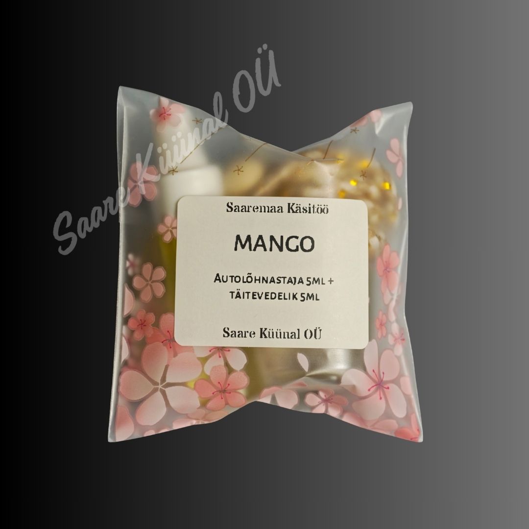Mango autolõhnastaja ja täitevedeliku komplekt troopilise mango aroomiga autosse.